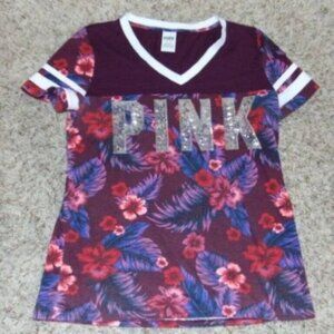 Womens Victorias Secret PINK Shirt Medium Sequin Purple Floral Short Sleeve Top